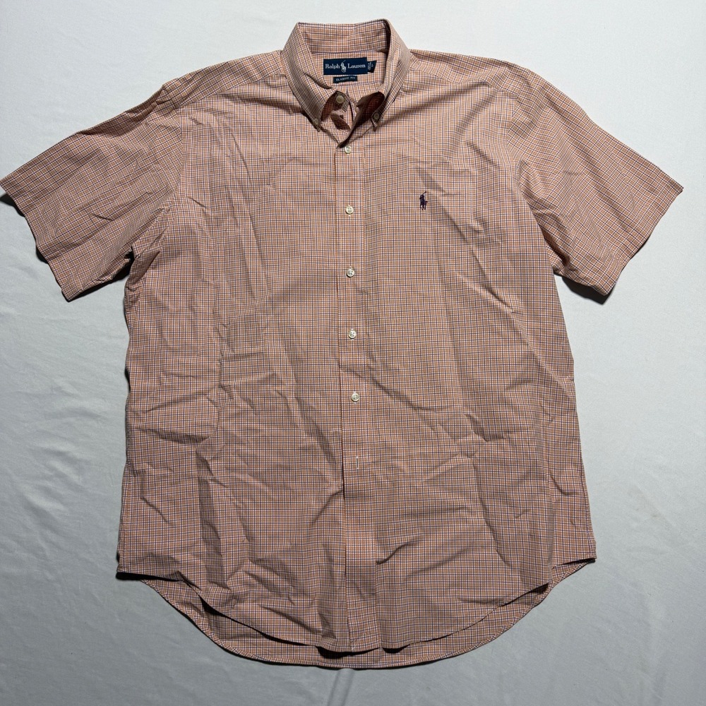 Ralph Lauren Shirt Mens L Orange Plaid Short Sleeve Classic Fit 100% Cotton